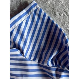 Striped Short Sleeve Casual Sports Dress, Button Non-Stretch  Summer Dress For Women, Women's Clothing