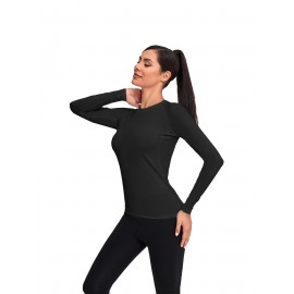 4 Pcs/Pack Women's Solid Color Sports Basics, Crew Neck Long Sleeve Comfortable Yoga Fitness Workout Top, Women's Activewear