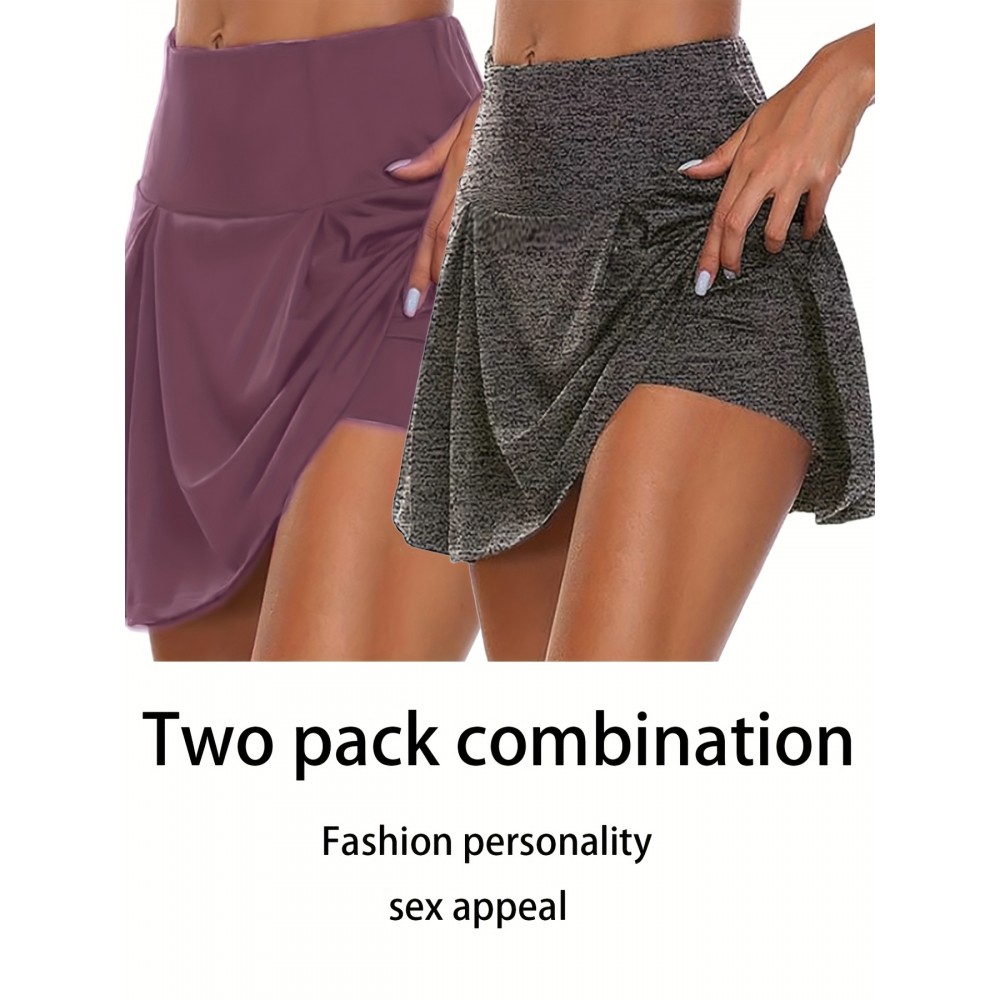 2pcs 2-in-1 Sports Short Skirts For Running Golf Tennis, Fashion Elastic Waist Active Skorts, Women's Activewear