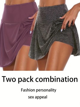 2pcs 2-in-1 Sports Short Skirts For Running Golf Tennis, Fashion Elastic Waist Active Skorts, Women's Activewear