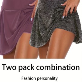 2pcs 2-in-1 Sports Short Skirts For Running Golf Tennis, Fashion Elastic Waist Active Skorts, Women's Activewear