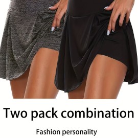 2pcs 2-in-1 Sports Short Skirts For Running Golf Tennis, Fashion Elastic Waist Active Skorts, Women's Activewear