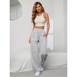 Elastic Waist Casual Sporty Pants, Loose Fit Slant Pockets Sports Trousers, Women's Activewear