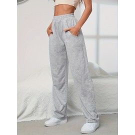 Elastic Waist Casual Sporty Pants, Loose Fit Slant Pockets Sports Trousers, Women's Activewear