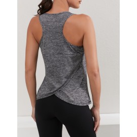 U-neck Sleeveless Sports Tank Top, Wrap Racer Back Slim Fitted Yoga Running Workout Top, Women's Activewear