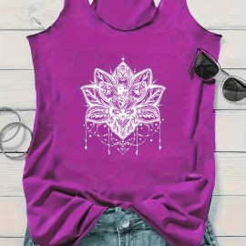 Lotus Graphic Casual Sports Tank Top, Crew Neck Sleeveless Shirts, Women's Summer Tops