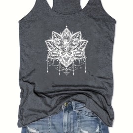 Lotus Graphic Casual Sports Tank Top, Crew Neck Sleeveless Shirts, Women's Summer Tops