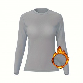 Fleece Liner Comfy Sports T-Shirt, Round Neck Long Sleeves Solid Color Sporty Tee, Women's Activewear