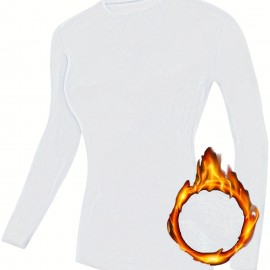 Fleece Liner Comfy Sports T-Shirt, Round Neck Long Sleeves Solid Color Sporty Tee, Women's Activewear