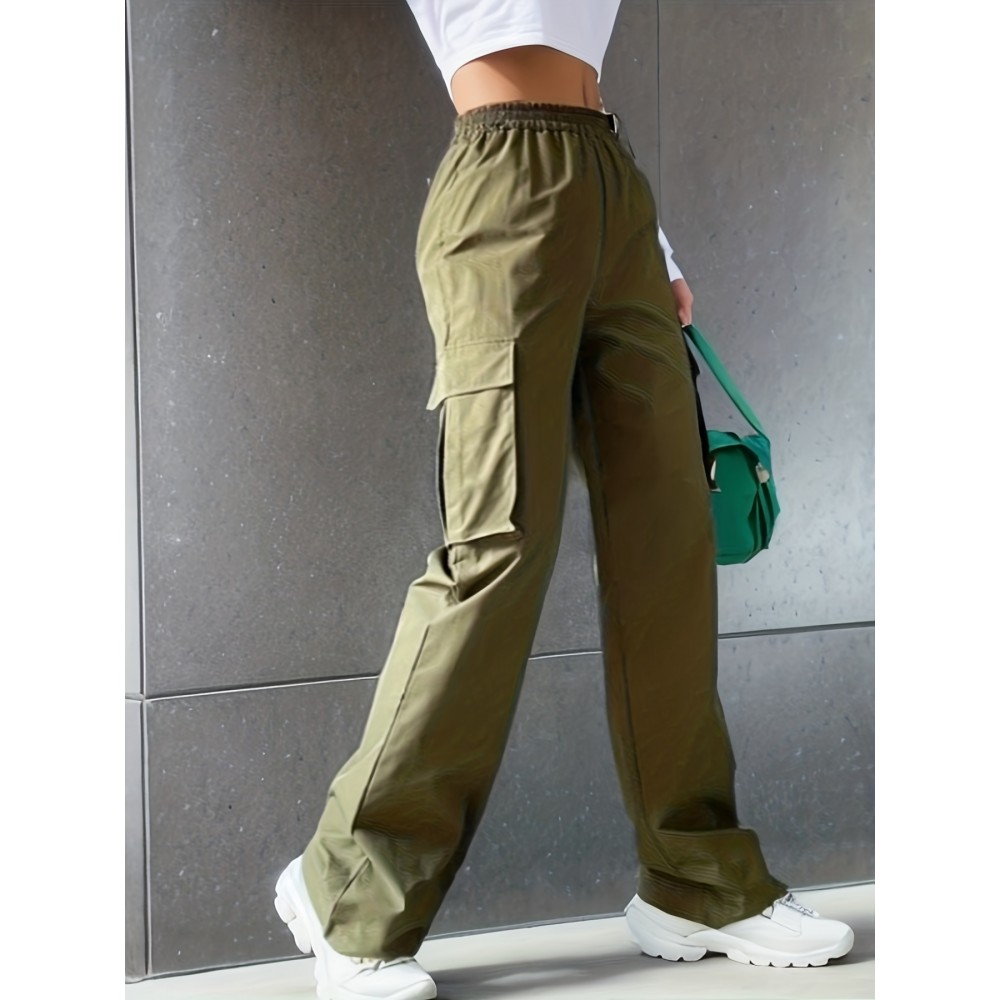 Solid Flap Pockets Wide Leg Cargo Pants, Loose Plicated Hem Straight Leg Sweatpants, Women's Clothing