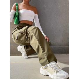 Solid Flap Pockets Wide Leg Cargo Pants, Loose Plicated Hem Straight Leg Sweatpants, Women's Clothing