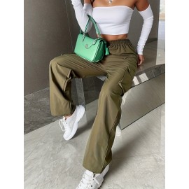 Solid Flap Pockets Wide Leg Cargo Pants, Loose Plicated Hem Straight Leg Sweatpants, Women's Clothing