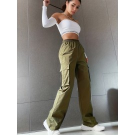 Solid Flap Pockets Wide Leg Cargo Pants, Loose Plicated Hem Straight Leg Sweatpants, Women's Clothing