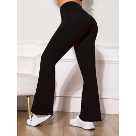 High Stretchy Soft Solid Sports Flare Pants, Butt Lifting Slim Running Yoga Flared Leggings With Pocket, Women's Activewear