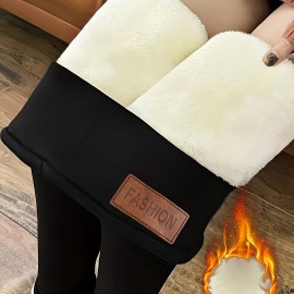 Women's Solid Color Tight-fitting Warm And Comfortable Fleece Leggings, High Elastic Warm Tight Pants For Fall Winter, Women's Activewear