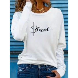 Blessed Print Crew Neck T-shirt, Casual Long Sleeve T-shirt, Women's Clothing