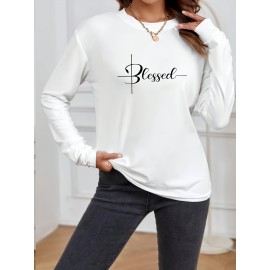 Blessed Print Crew Neck T-shirt, Casual Long Sleeve T-shirt, Women's Clothing