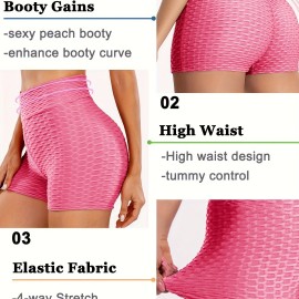 Plain Honeycomb Sporty Yoga Short, Slim Fit Butt Lifting High Waist Sports Short, Women's Activewear