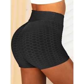 Plain Honeycomb Sporty Yoga Short, Slim Fit Butt Lifting High Waist Sports Short, Women's Activewear