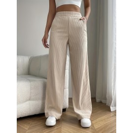 Solid Color Ribbed Casual Pants, Elastic Waist Running Sports Wide Leg Pants, Women's Activewear