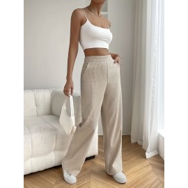 Solid Color Ribbed Casual Pants, Elastic Waist Running Sports Wide Leg Pants, Women's Activewear