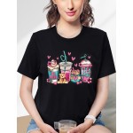 Valentine's Day Coffee Cup & Bear Graphic Round Neck Short Sleeve T-shirt, Casual Sports Fashion Tops, Women's Activewear