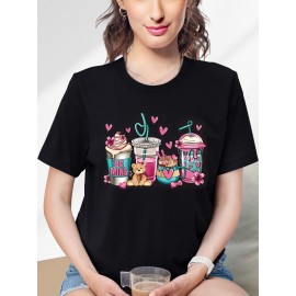 Valentine's Day Coffee Cup & Bear Graphic Round Neck Short Sleeve T-shirt, Casual Sports Fashion Tops, Women's Activewear