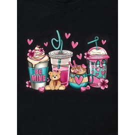 Valentine's Day Coffee Cup & Bear Graphic Round Neck Short Sleeve T-shirt, Casual Sports Fashion Tops, Women's Activewear