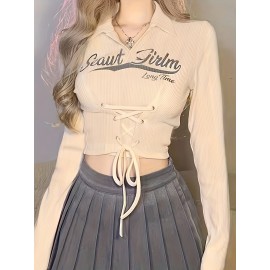 Letter Print Tie Front Collared Crop T-Shirt, Casual Long Sleeve Top For Spring & Fall, Women's Clothing