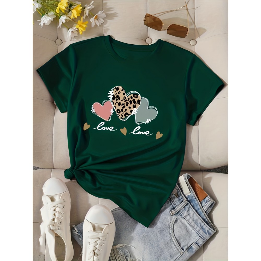 Heart & Letter Print Crew Neck T-Shirt, Casual Short Sleeve T-Shirt For Spring & Summer, Women's Clothing