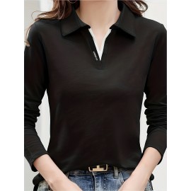 Solid Polo Collar T-Shirt, Casual Long Sleeve Top For Spring & Fall, Women's Clothing