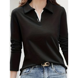 Solid Polo Collar T-Shirt, Casual Long Sleeve Top For Spring & Fall, Women's Clothing