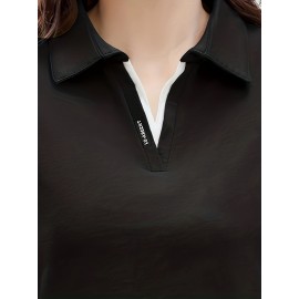 Solid Polo Collar T-Shirt, Casual Long Sleeve Top For Spring & Fall, Women's Clothing