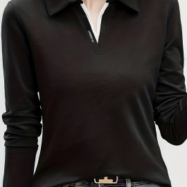 Solid Polo Collar T-Shirt, Casual Long Sleeve Top For Spring & Fall, Women's Clothing