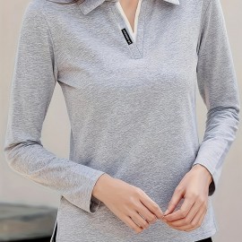 Solid Polo Collar T-Shirt, Casual Long Sleeve Top For Spring & Fall, Women's Clothing