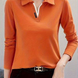 Solid Polo Collar T-Shirt, Casual Long Sleeve Top For Spring & Fall, Women's Clothing