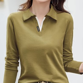 Solid Polo Collar T-Shirt, Casual Long Sleeve Top For Spring & Fall, Women's Clothing