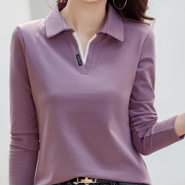 Solid Polo Collar T-Shirt, Casual Long Sleeve Top For Spring & Fall, Women's Clothing