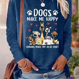 Dog & Letter Print Crew Neck T-Shirt, Casual Long Sleeve Top For Spring & Fall, Women's Clothing