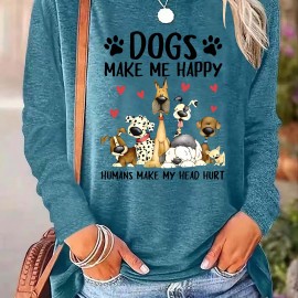 Dog & Letter Print Crew Neck T-Shirt, Casual Long Sleeve Top For Spring & Fall, Women's Clothing