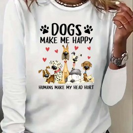 Dog & Letter Print Crew Neck T-Shirt, Casual Long Sleeve Top For Spring & Fall, Women's Clothing