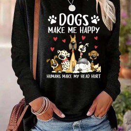 Dog & Letter Print Crew Neck T-Shirt, Casual Long Sleeve Top For Spring & Fall, Women's Clothing