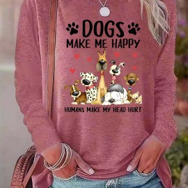 Dog & Letter Print Crew Neck T-Shirt, Casual Long Sleeve Top For Spring & Fall, Women's Clothing