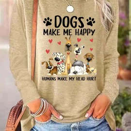 Dog & Letter Print Crew Neck T-Shirt, Casual Long Sleeve Top For Spring & Fall, Women's Clothing