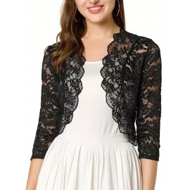 Semi-sheer Floral Lace Crop Cardigan, Casual Three-quarter Sleeve Cover Up Cardigan, Women's Clothing