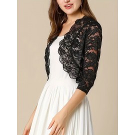 Semi-sheer Floral Lace Crop Cardigan, Casual Three-quarter Sleeve Cover Up Cardigan, Women's Clothing