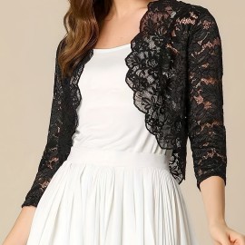 Semi-sheer Floral Lace Crop Cardigan, Casual Three-quarter Sleeve Cover Up Cardigan, Women's Clothing