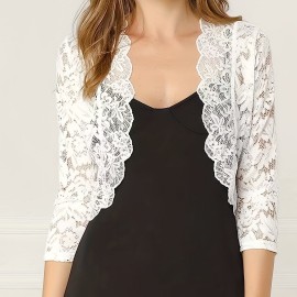 Semi-sheer Floral Lace Crop Cardigan, Casual Three-quarter Sleeve Cover Up Cardigan, Women's Clothing