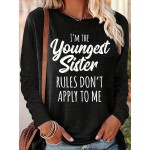 Younger Sister Print T-Shirt, Long Sleeve Crew Neck Casual Top For Fall & Spring, Women's Clothing