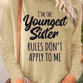 Younger Sister Print T-Shirt, Long Sleeve Crew Neck Casual Top For Fall & Spring, Women's Clothing